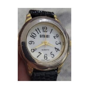 Gitano Quartz Watch Gold Tone Bezel White Dial Black Genuine Leather Band